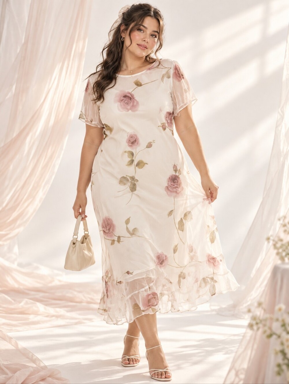 Vintage 90s MSK Floral Chiffon Maxi Dress Size 18W Ruffle Feminine Y2K